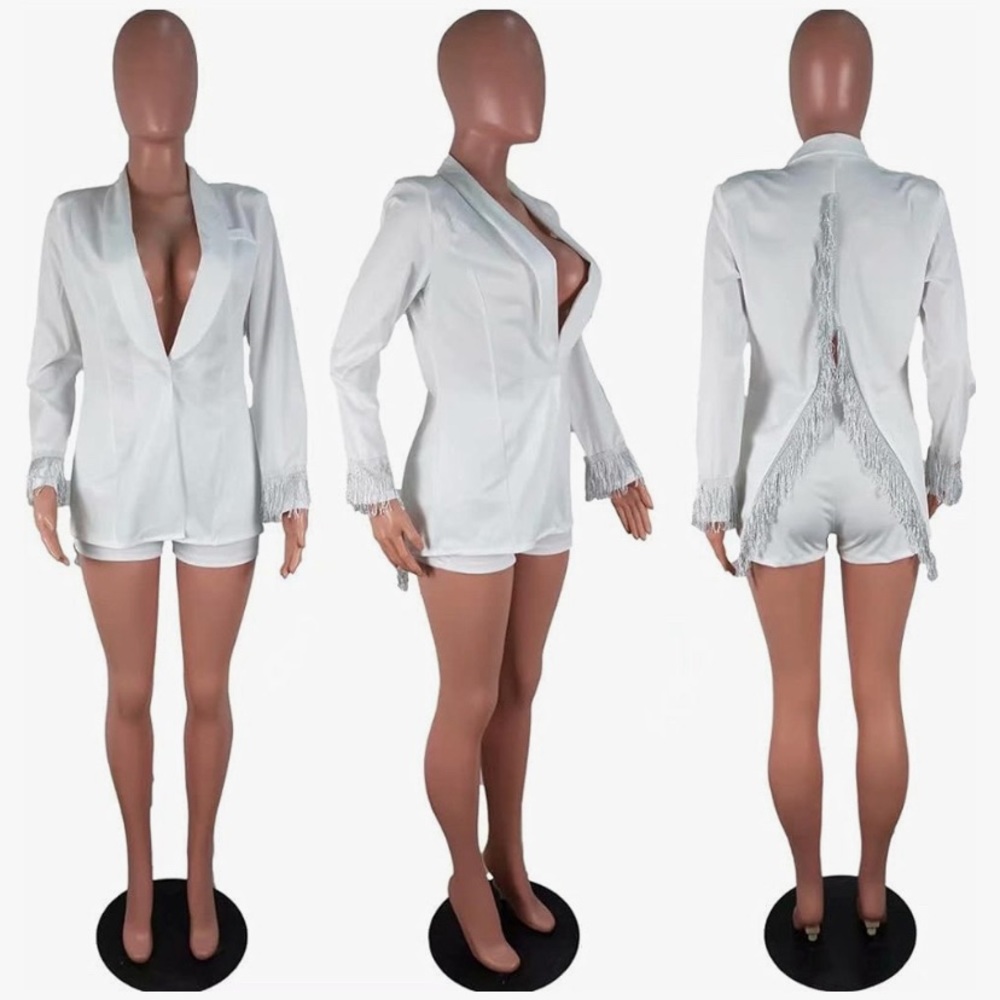 2 Piece Outfit for Women Long Sleeve Solid Color Fringe Blazer with Shorts